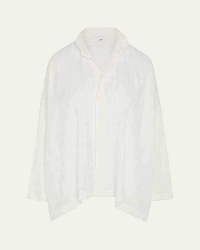 Satin Box Check Jacquard Wide Longer-Back Double-Stand Collar Shirt (Mid Plus Length)